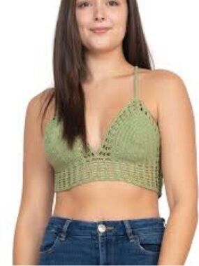 LAKHAYS Olive Green Crochet Bralette Top Concert Festival Boho OS S M Shirt NWT